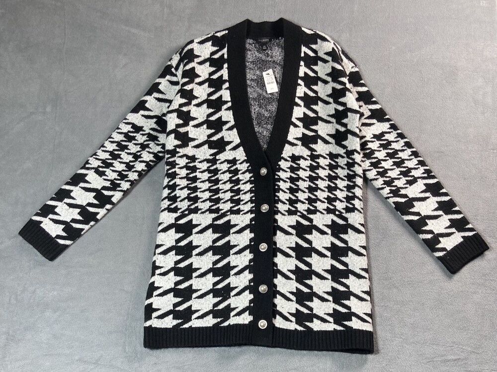 Talbot's Cardigan Sweater Black White Houndstooth Mod Sz XS Preppy Knit V Neck
